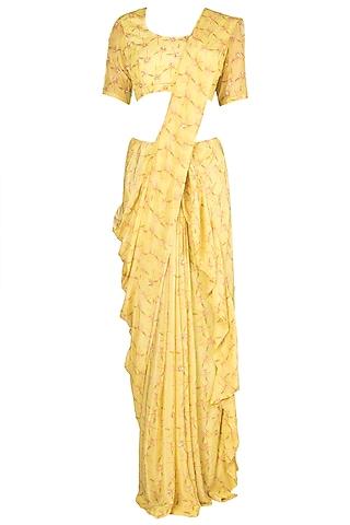 Yellow Embroidered Printed Saree Set