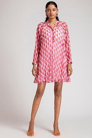 Pink & Orange Printed & Hand Embroidered Dress
