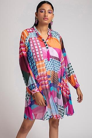 Multi Colored Graphic Printed Pleated Dress