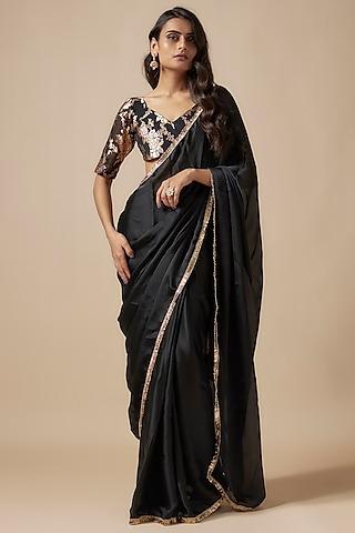 black-satin-georgette-metallic-embroidered-fringed-saree-set