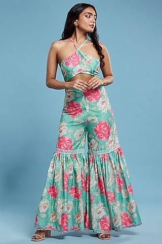 Multi-Colored Satin Georgette Floral Printed Sharara Set For Girls