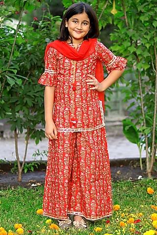 Red Cotton Floral Printed Sharara Set For Girls