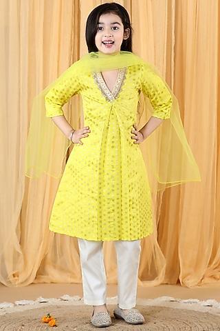 Yellow Silk Brocade Kurta Set For Girls