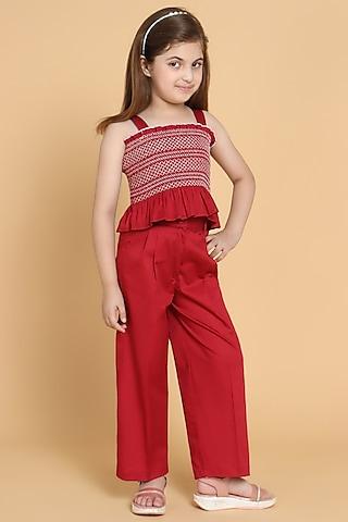 Maroon Cotton Pant Set For Girls