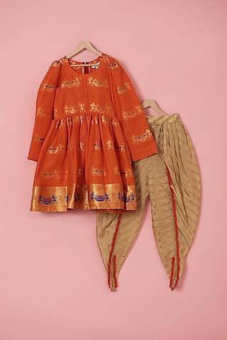 Orange Cotton Silk Drum Printed Kurta Set For Girls