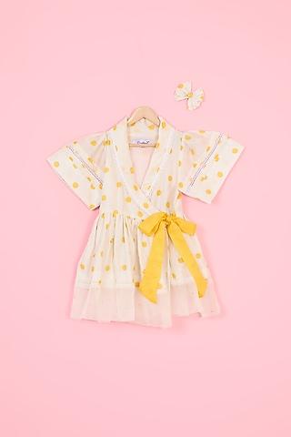 Off-White & Yellow Chanderi Polka Dot Hand Block Printed Dress For Girls
