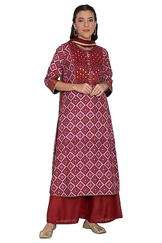 Red Printed Tunic Set For Girls
