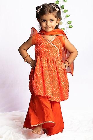 Orangish Red Bemberg Silk Sharara Set For Girls