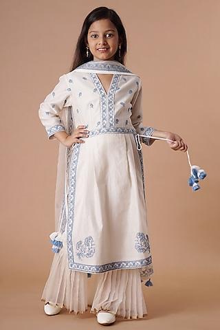 Ivory & Blue Chanderi Embroidered Sharara Set For Girls