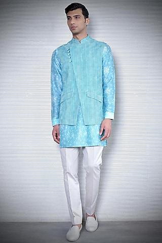 Aqua Blue Printed Overlap Waistcoat