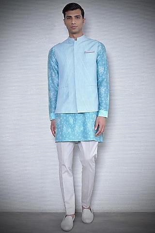 Aqua Blue Printed & Textured Waistcoat