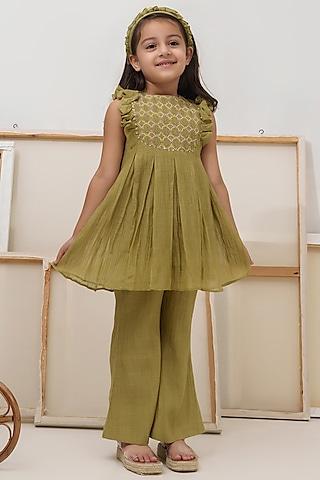 Green Cotton Chanderi Pant Set For Girls