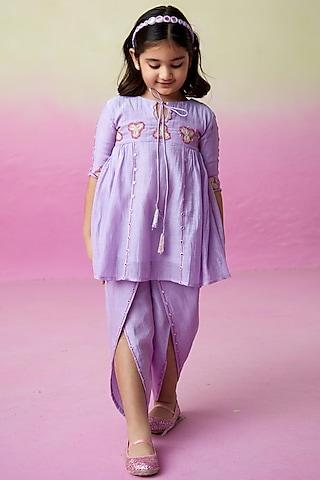 Lavender Chanderi Mirror Embroidered Kurta Set For Girls