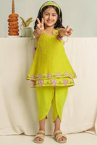 Yellow Cotton Chanderi Pant Set For Girls