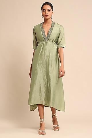 Green Cotton Silk & Chanderi Midi Dress