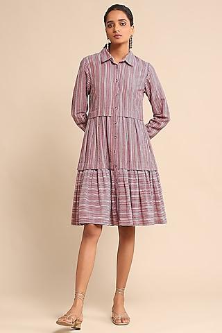 Multi-Colored Cotton Seersucker Knee-Length Shirt Dress