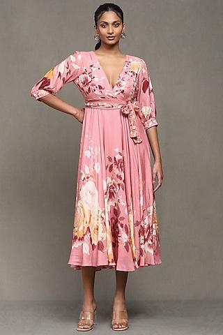 Rose Pink Viscose Bamberg Botanic Printed Midi Dress With Belt