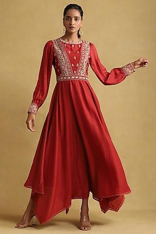 rust-viscose-linen-embroidered-dress