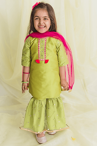 Green Embroidered Sharara Set For Girls