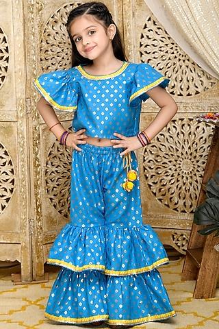 Blue Cotton Blend Printed Sharara Set For Girls