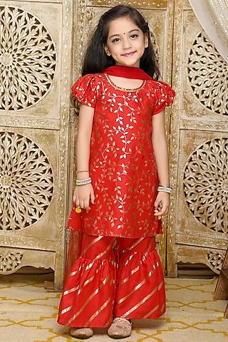 Red Cotton Blend Printed Sharara Set For Girls