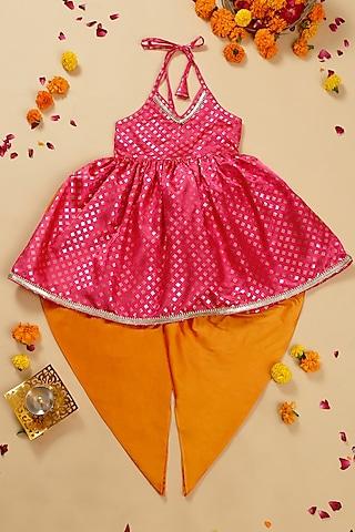 Orange Taffeta Dhoti Set For Girls