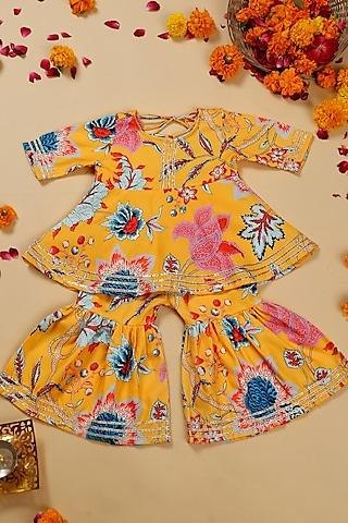 Yellow Poly Cotton Floral Printed Sharara Set For Girls