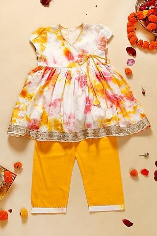 Yellow & Pink Poly Georgette Dyed Kurta Set For Girls