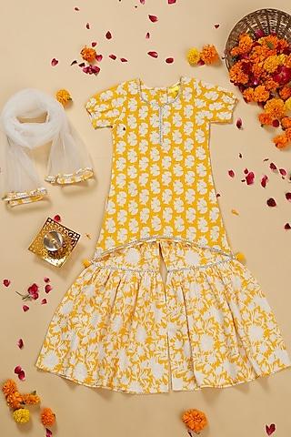 Yellow Cotton Floral Printed Sharara Set For Girls