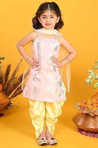 Mauve Poly Georgette Printed & Embroidered Kurta Set For Girls