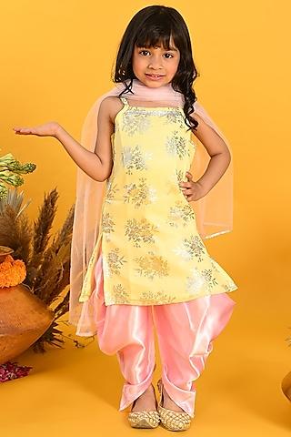 Yellow Poly Georgette Printed & Embroidered Kurta Set For Girls