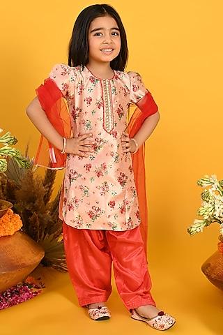 Peach Poly Chanderi Printed & Embroidered Kurta Set For Girls