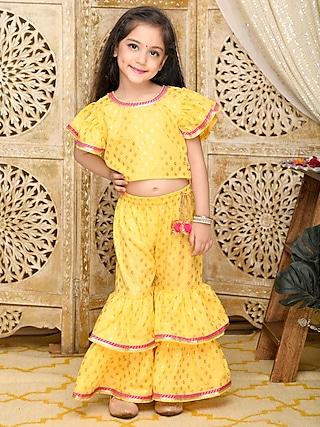 Yellow & Gold Embellished Sharara Set For Girls