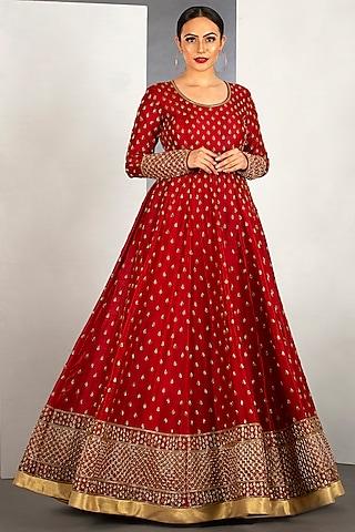 Jam Red Gown With Motif Pipework