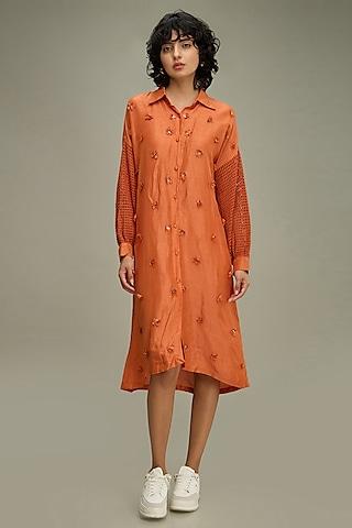 rust-linen-floral-applique-embroidered-dress