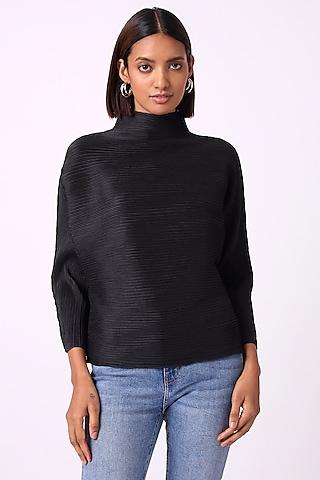 black-polyester-pleated-top