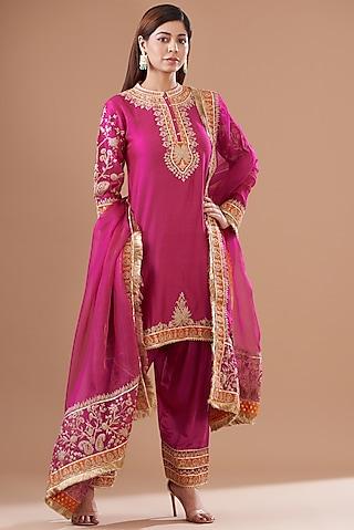 Pink Pure Silk Chanderi Embroidered Kurta Set For Girls