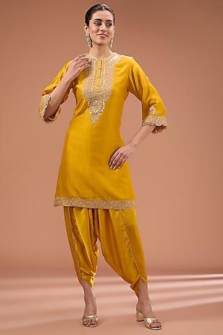 Yellow Silk Chanderi Dori Embroidered Kurta Set For Girls