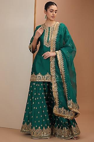 Green Silk Chanderi Dori Embroidered Sharara Set For Girls