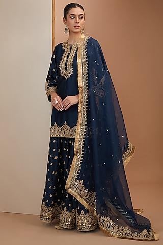 Blue Silk Chanderi Dori Embroidered Sharara Set For Girls