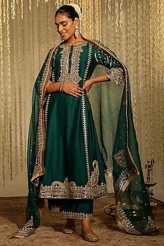Emerald Green Pure Silk Chanderi Dori Embroidered A-Line Kurta Set For Girls