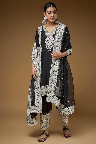 Black Silk Chanderi Pearl Embroidered Kurta Set For Girls