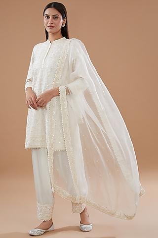 Ivory Pure Chanderi Silk Resham Embroidered Kurta Set For Girls
