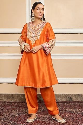 Orange Silk Chanderi Embroidered Kurta Set For Girls