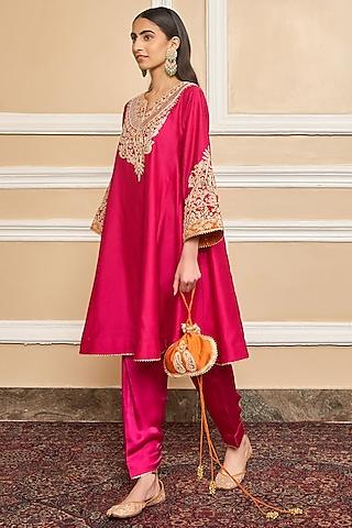 Hot Pink Silk Chanderi Embroidered Kurta Set For Girls