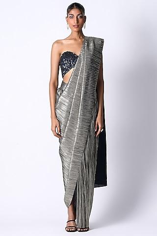 Grey Silk & Pleated Metallic Saree Set
