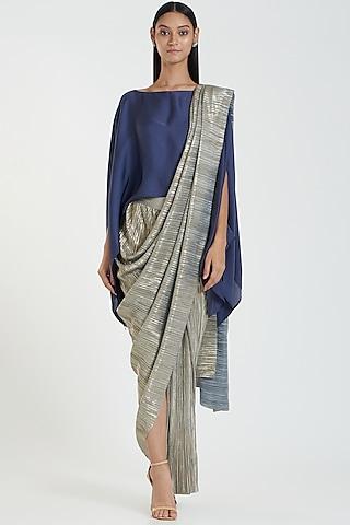cobalt-blue-metallic-pleated-draped-saree-set