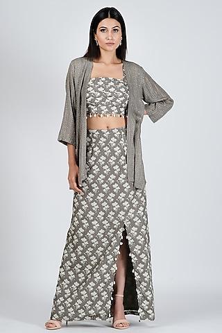 Grey Silk Printed Co-Ord Set For Girls