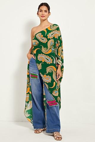 Green Crepe Printed One-Shoulder Tunic