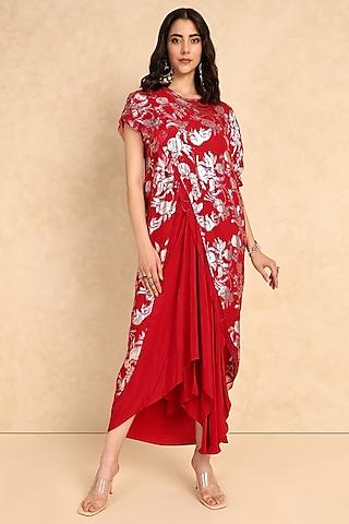 Cherry Red Georgette Self Embroidered High-Low Wrap Tunic